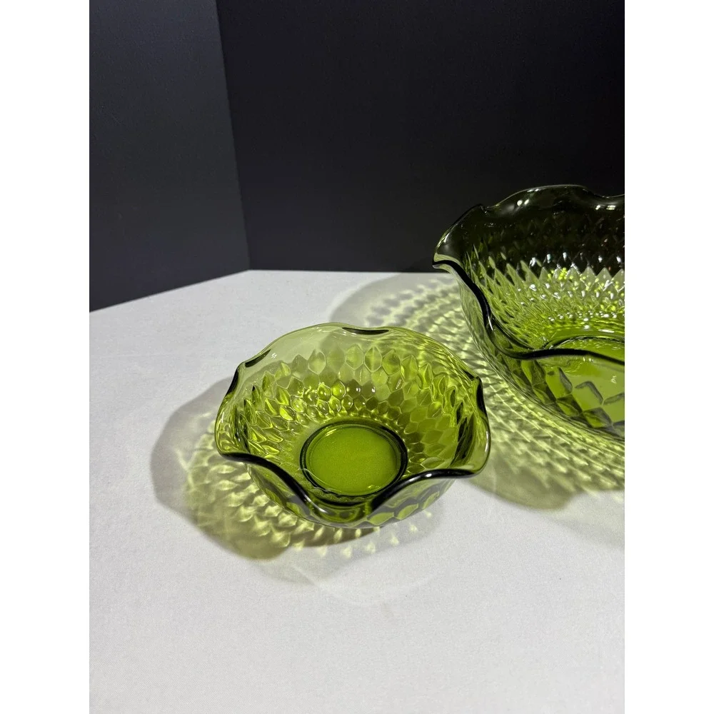 Vintage Indiana Glass Avocado Green Diamond Point Ruffled Serving Bowl Set of 2